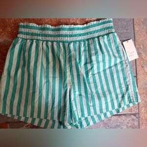 A New Day Green Striped Cotton Smocked Waistband Summer Casual Shorts M NWT
